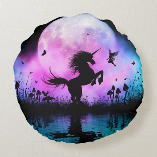 Unicorn with little fairy round pillow