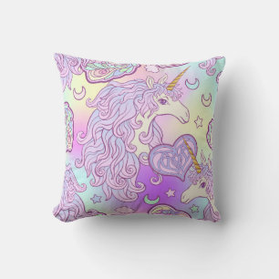 Unicorn with multicolored mane, butterfly rainbow, throw pillow