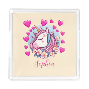 Unicorn With Pink Hearts & Flowers, Name, Creme Acrylic Tray