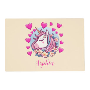 Unicorn With Pink Hearts & Flowers, Name, Creme Placemat