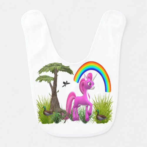 unicorn with rainbow and small ducks baby bib