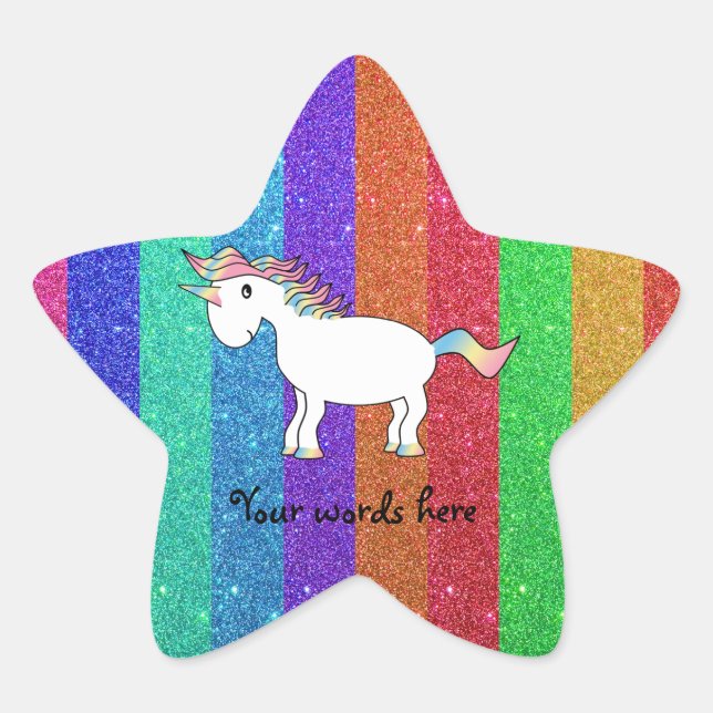 Unicorn with rainbow glitter stripes star sticker (Front)