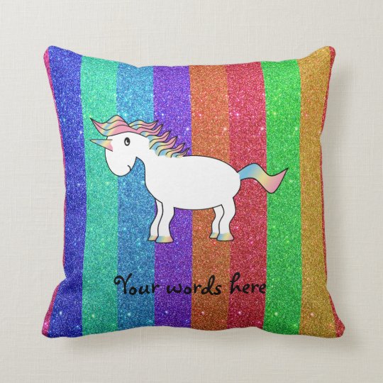 Unicorn with rainbow glitter stripes throw pillow