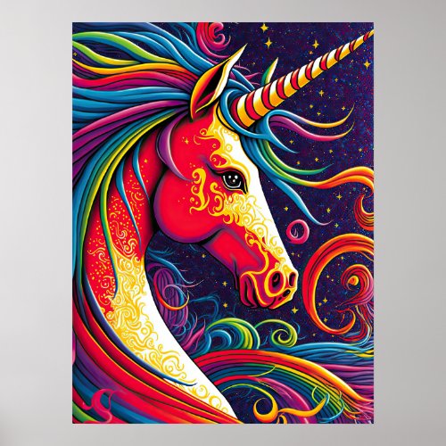 Unicorn with Rainbow Mane and Starry Night Ai Art Poster