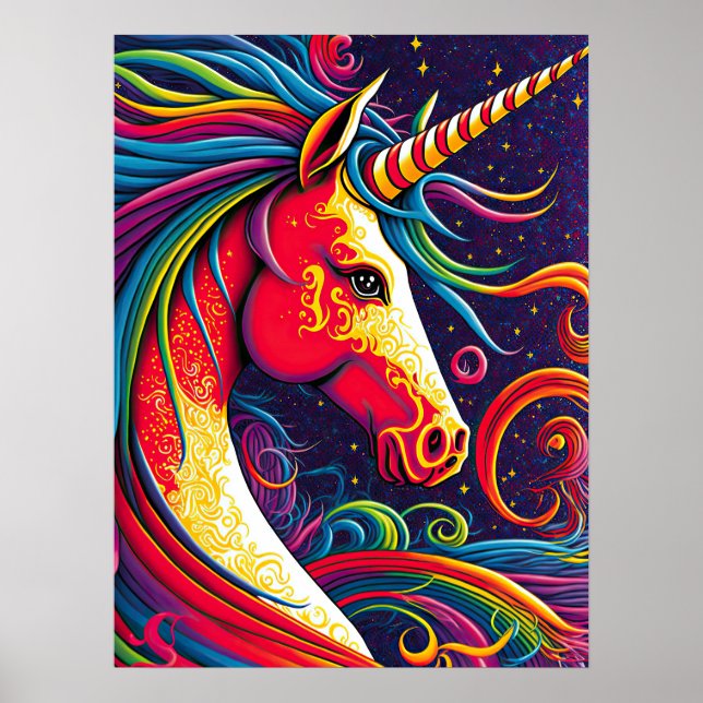 Unicorn with Rainbow Mane and Starry Night Ai Art Poster (Front)