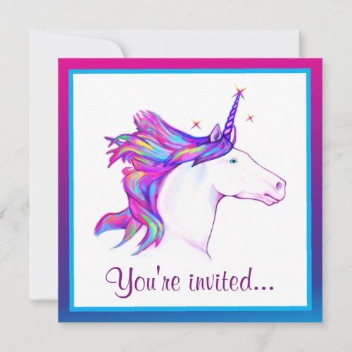 Unicorn with Rainbow Mane Happy Birthday Invitation