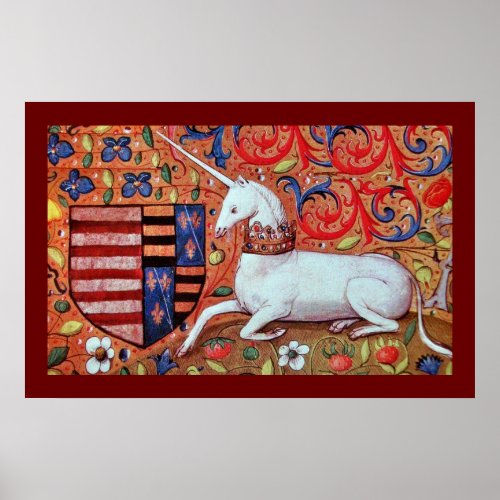 UNICORN WITH RED BLUE FLORAL MOTIFS POSTER