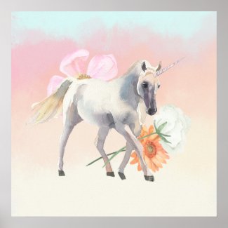 Unicorn with Rose and Gerbera Poster