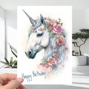 Unicorn with Roses and Flowers - Any age Birthday Card