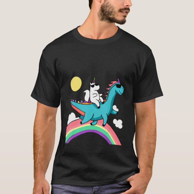 unicorn with sunglasses riding a dinosaur and rain T-Shirt (Front)
