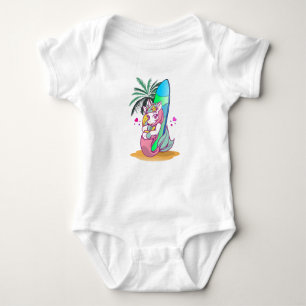 Unicorn with surfboard on the beach baby bodysuit