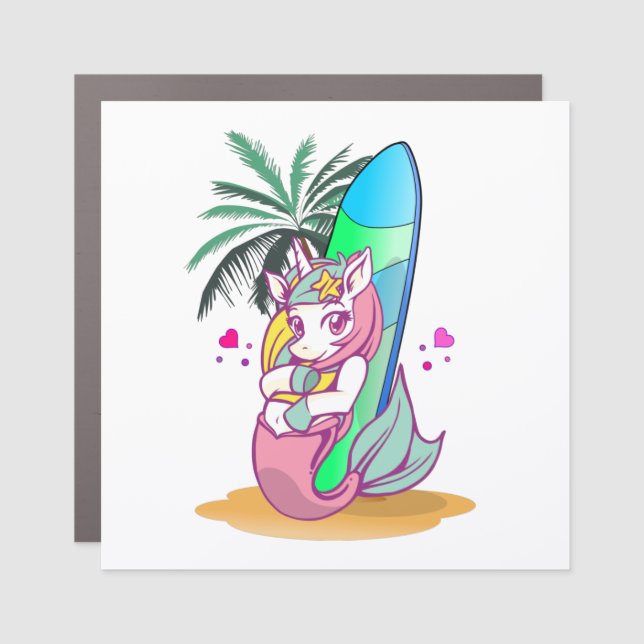Unicorn with surfboard on the beach car magnet (Front)