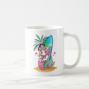Unicorn with surfboard on the beach coffee mug