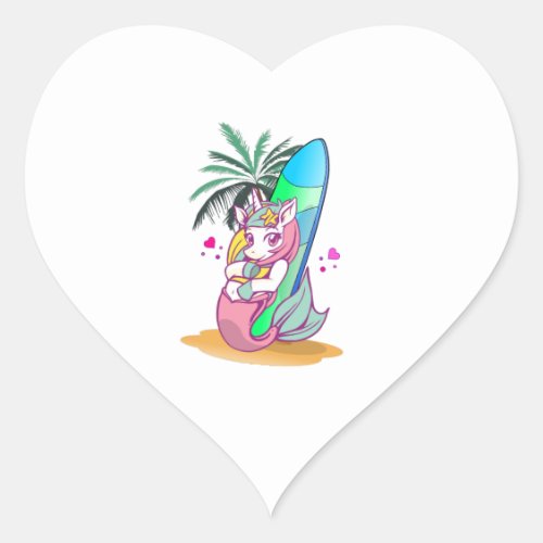 Unicorn with surfboard on the beach heart sticker