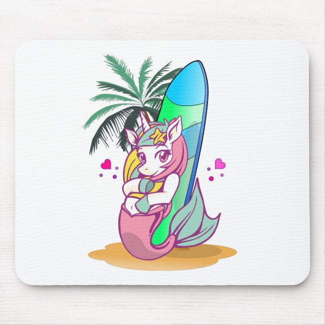 Unicorn with surfboard on the beach mouse pad (Front)