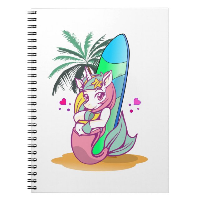 Unicorn with surfboard on the beach notebook (Front)