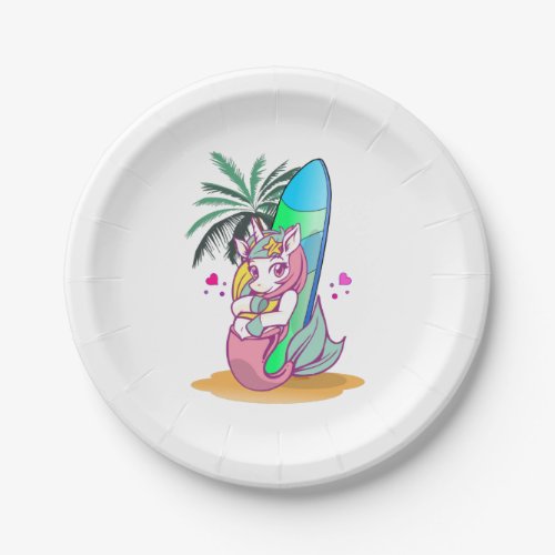 Unicorn with surfboard on the beach paper plates