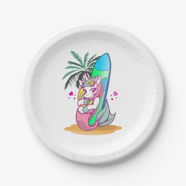 Unicorn with surfboard on the beach paper plates (Front)