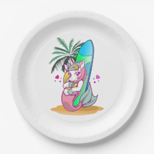 Unicorn with surfboard on the beach paper plates