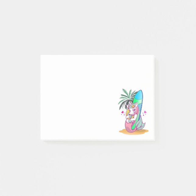 Unicorn with surfboard on the beach post-it notes (Front)