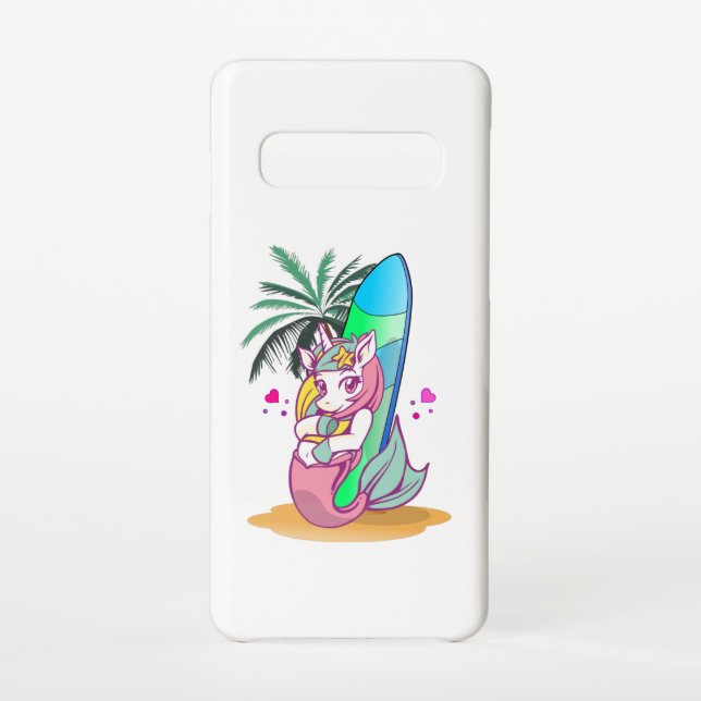 Unicorn with surfboard on the beach samsung galaxy case (Back)