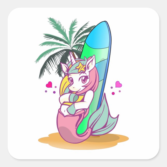 Unicorn with surfboard on the beach square sticker (Front)