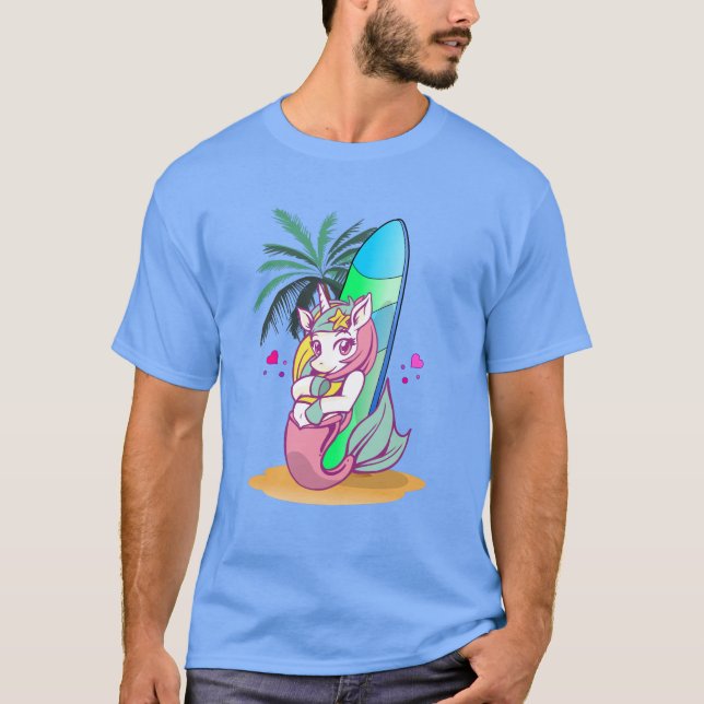 Unicorn with surfboard on the beach T-Shirt (Front)