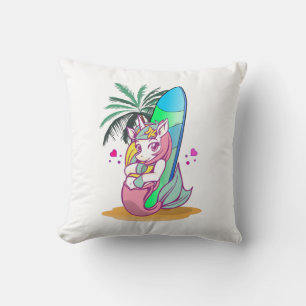 Unicorn with surfboard on the beach throw pillow