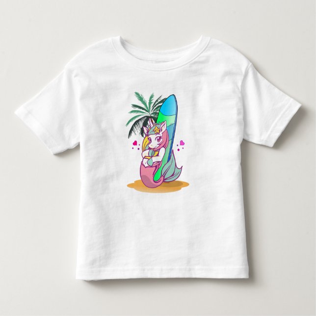 Unicorn with surfboard on the beach toddler t-shirt (Front)