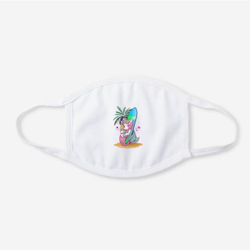 Unicorn with surfboard on the beach white cotton face mask