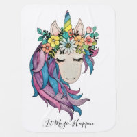 Unicorn With Wild Flowers In Watercolor Baby Blanket