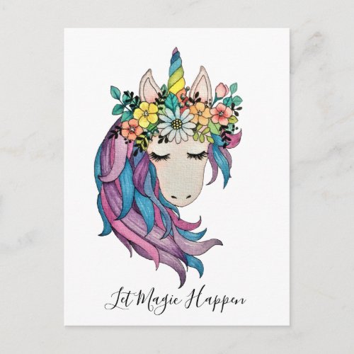 Unicorn With Wild Flowers In Watercolor Postcard