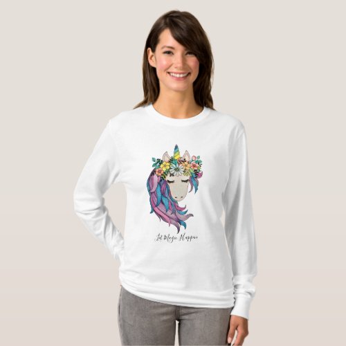 Unicorn With Wild Flowers In Watercolor T_Shirt