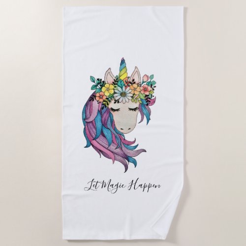 Unicorn With Wildflowers In Watercolor Beach Towel