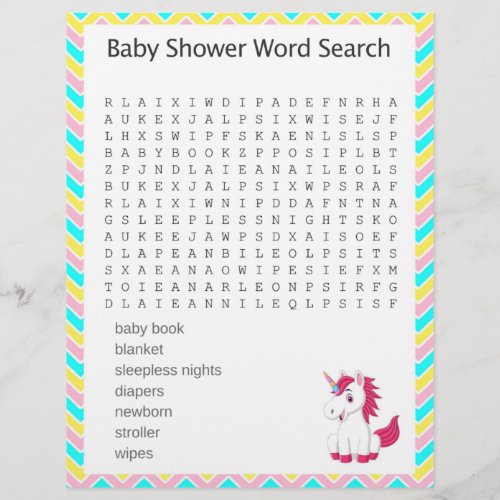 Unicorn Word Search Baby Shower Game