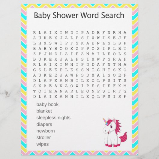 Unicorn Word Search Baby Shower Game (Front)