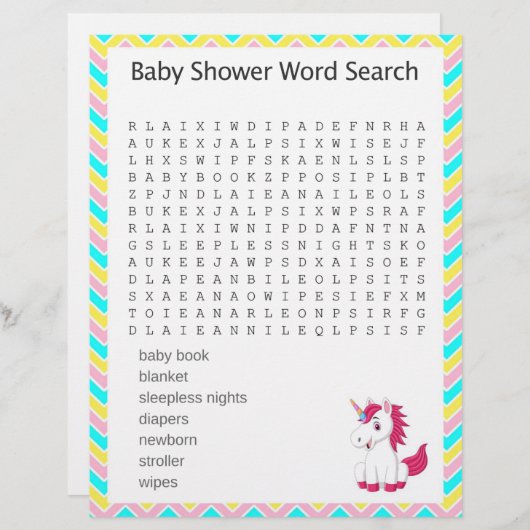 Unicorn Word Search Baby Shower Game (Front/Back)