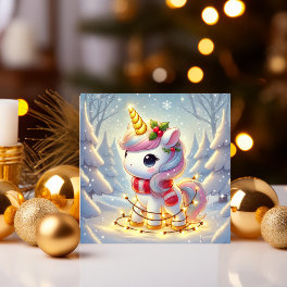 Unicorn Wrapped in Golden Christmas Lights Holiday Card