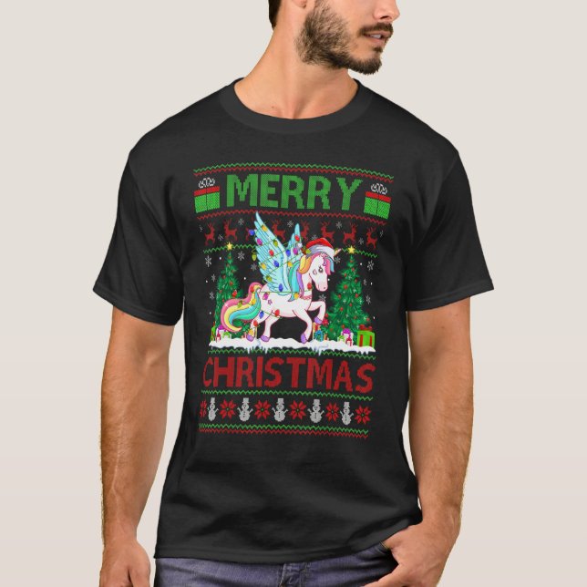 Unicorn   Xmas Tree Lights Ugly Santa Unicorn Chri T-Shirt (Front)
