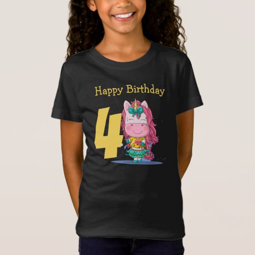 Unicorn yellow 4th birthday   T_Shirt