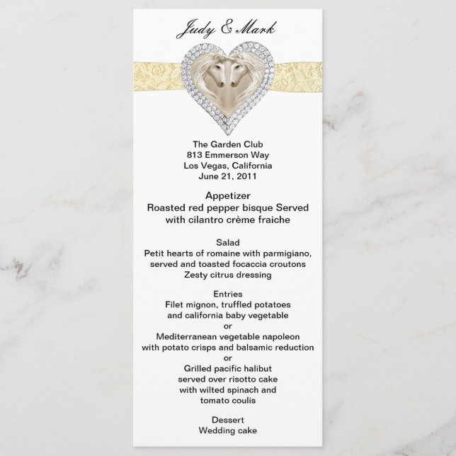 Unicorn Yellow Lace Wedding Menu Card (Front)