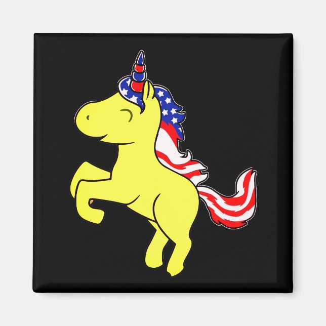 Unicorn Yellow Patriotic USA Flag Mane Cartoon Magnet (Front)