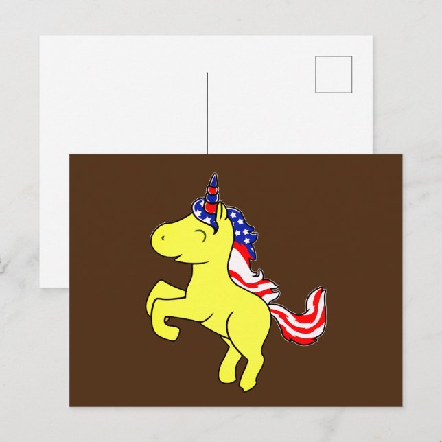 Unicorn Yellow Patriotic USA Flag Mane Cartoon Postcard (Front/Back)