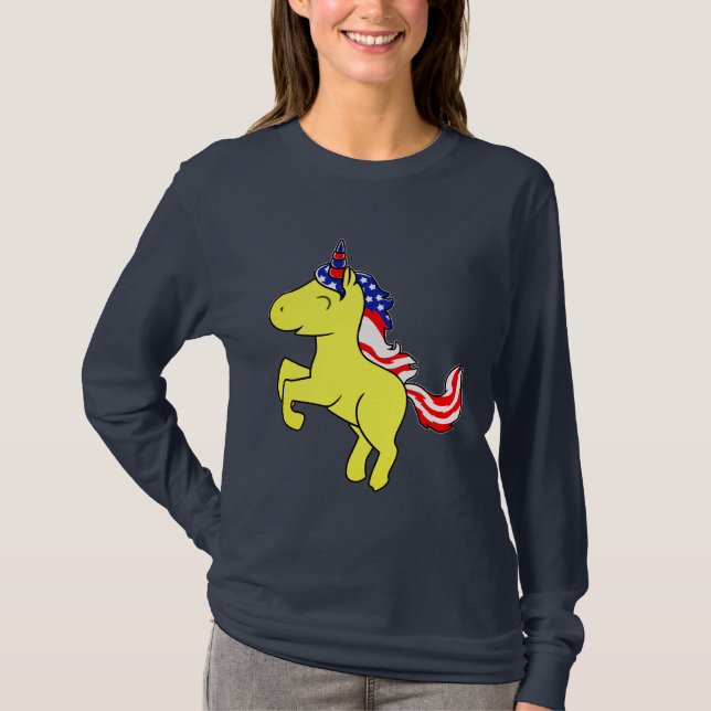 Unicorn Yellow Patriotic USA Flag Mane Cartoon T-Shirt (Front)