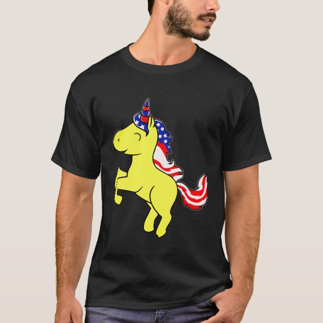 Unicorn Yellow Patriotic USA Flag Mane Cartoon T-Shirt (Front)