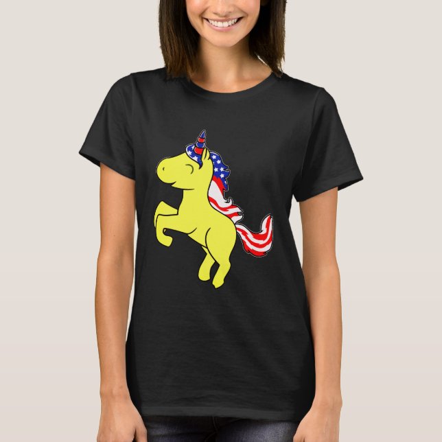 Unicorn Yellow Patriotic USA Flag Mane Cartoon T-Shirt (Front)