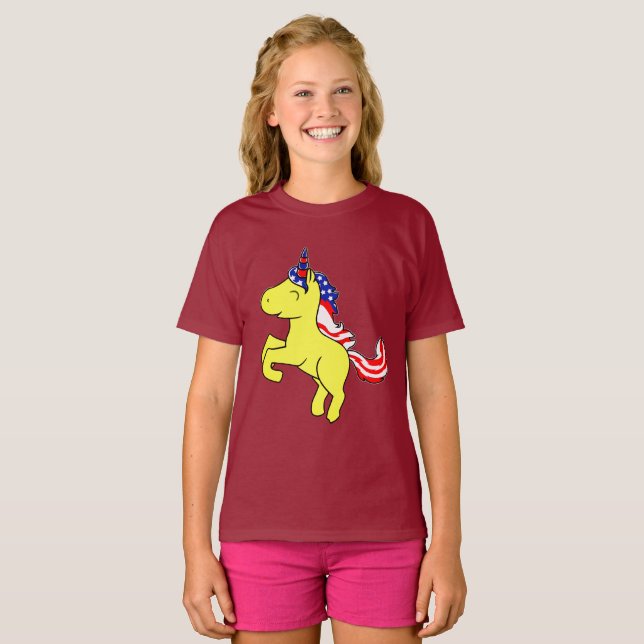 Unicorn Yellow Patriotic USA Flag Mane Cartoon T-Shirt (Front Full)