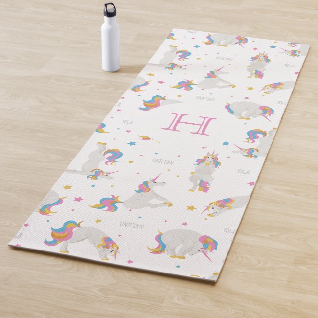 Unicorn yoga fun smile white whimsical monogram yoga mat