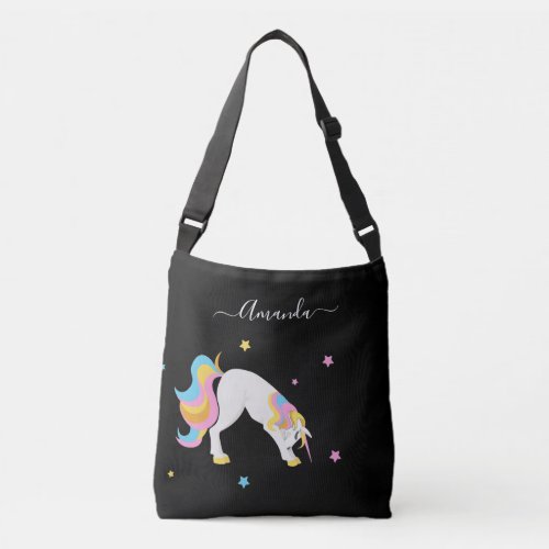 Unicorn yoga poses black name fun cute crossbody bag