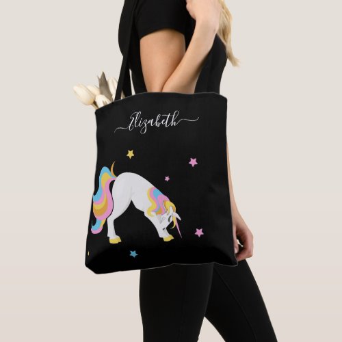 Unicorn yoga poses cute fun black name tote bag
